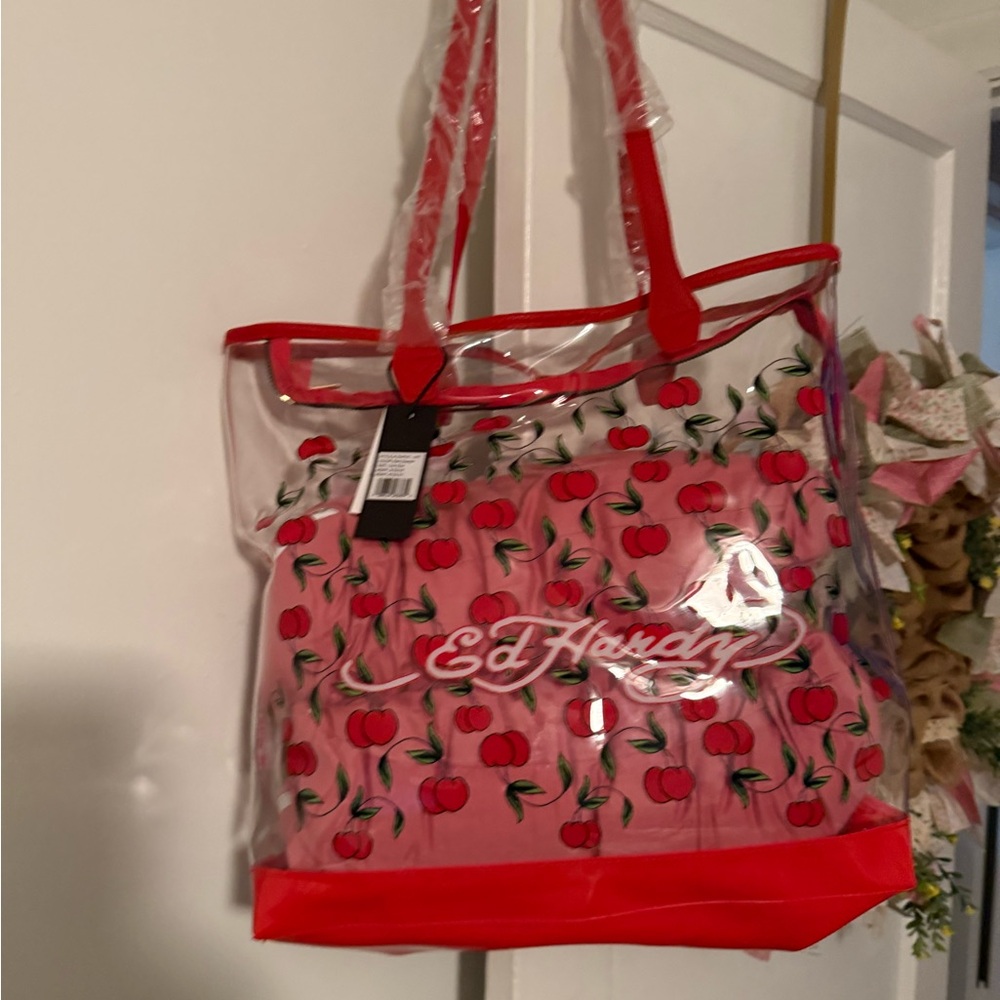 NWT Ed Hardy Clear Tote with Cherry Print and Red Trim